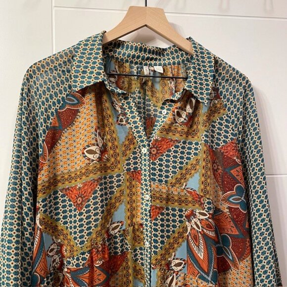 Cato Button Down Retro Patchwork Printed Blouse Size 18/20W Boho Western 70s - Picture 3 of 16